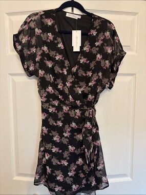 All in Favor Black Floral Wrap Dress with Pink Accents
